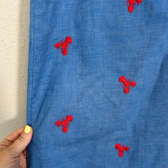 VTG Denim Chambray Skirt S Blue Embroidered Red Lobsters Nautical Coastal - Picture 4 of 8